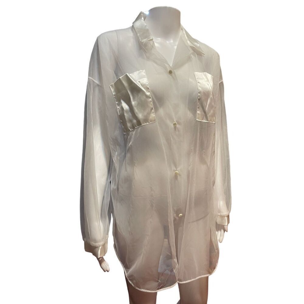 Womens Sheer White Silk Like Blouse SZ Large L